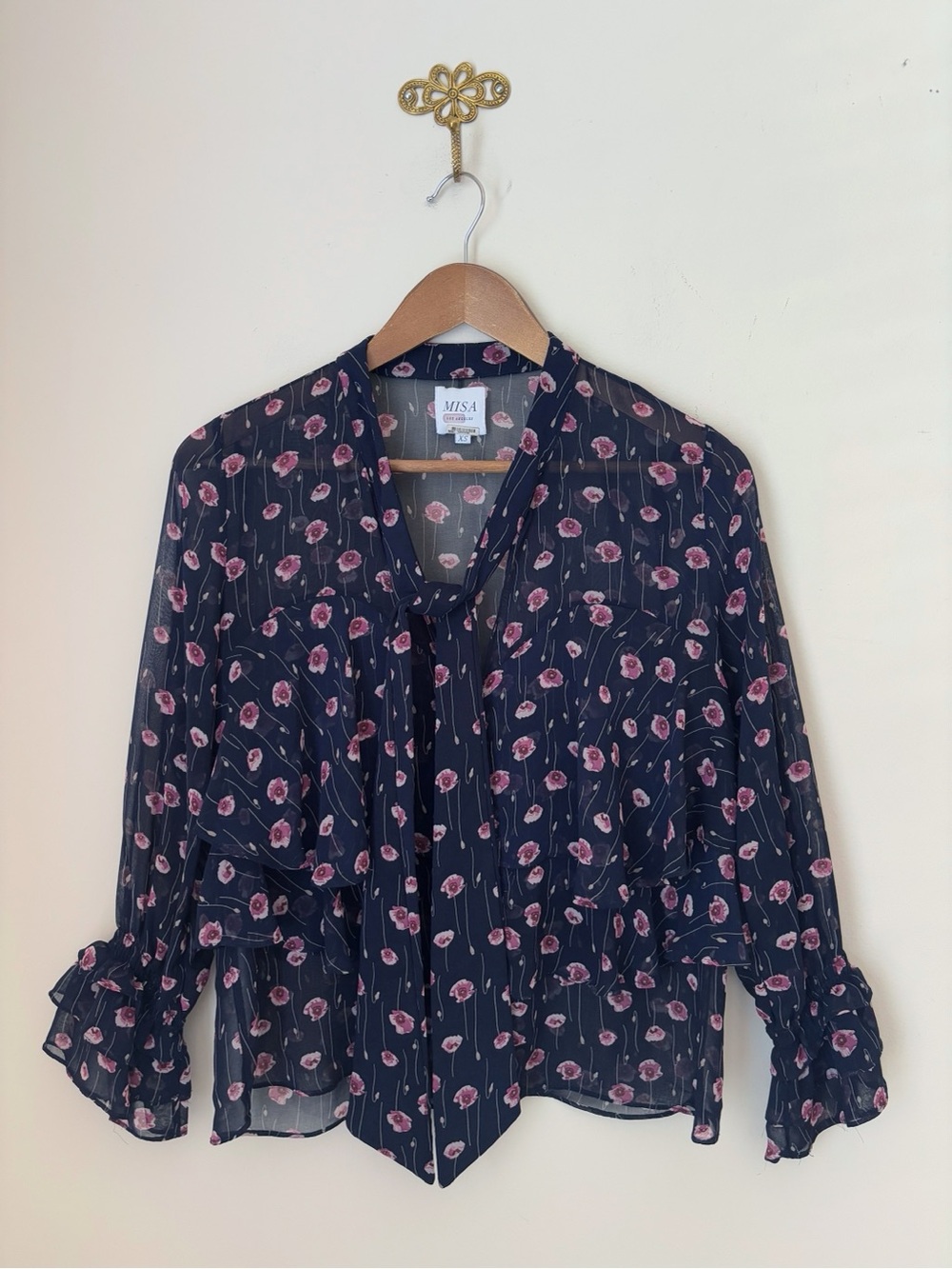 Misa Los Angeles Blue Poppy Top Floral Tie-Neck Jema Blouse XS
